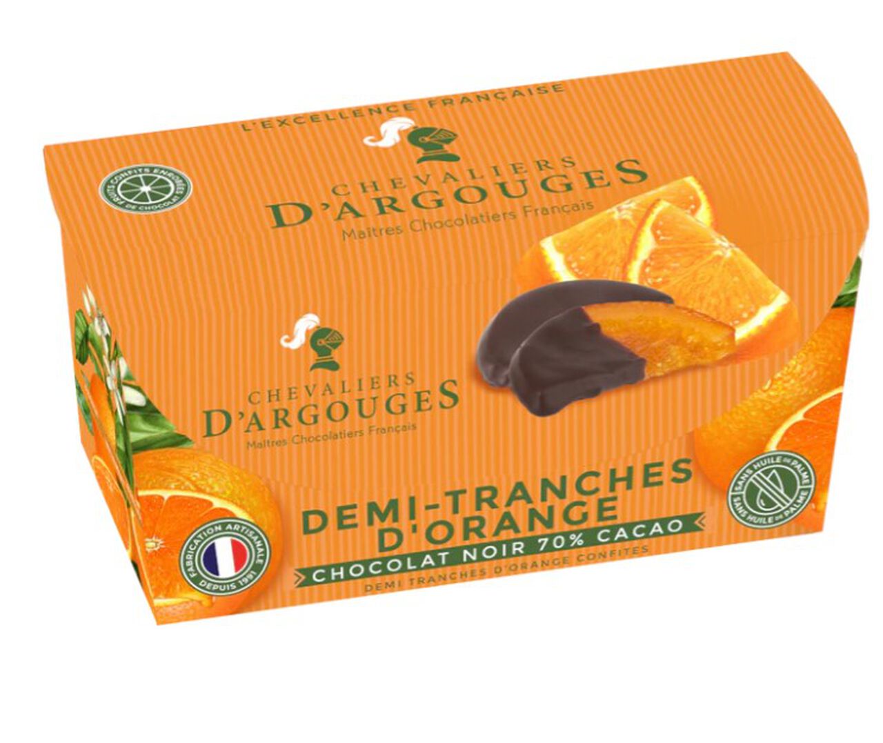 Chevaliers d’Argouges Candied Orange Half Slices with Dark Chocolate 180g  large