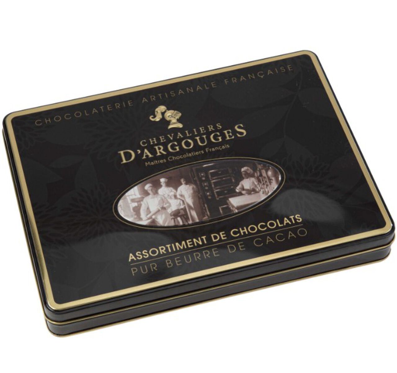 &nbsp;Chevaliers d&rsquo;Argouges Assorted Milk, Dark & White Chocolates in Black Vintage Box 300g  large