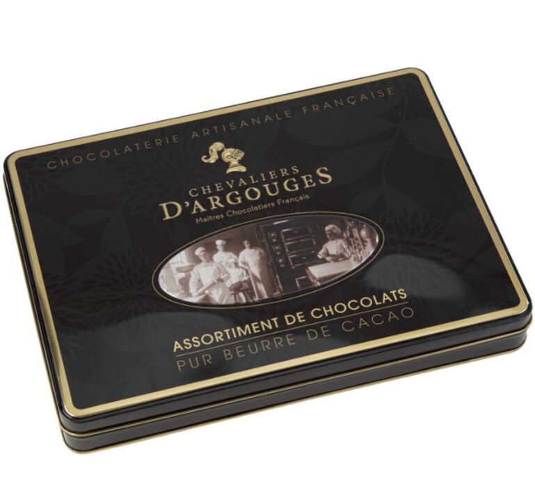 &nbsp;Chevaliers d&rsquo;Argouges Assorted Milk, Dark & White Chocolates in Black Vintage Box 300g  large